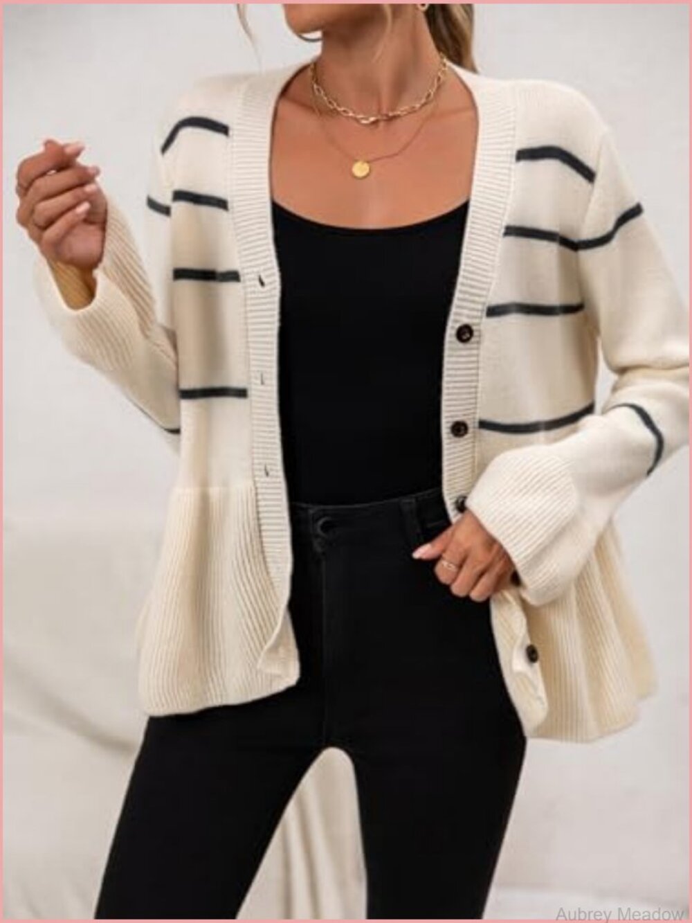 Striped V-Neck Cardigan with Flared Hem - Soft Knit Button Down - Picture 2 of 7